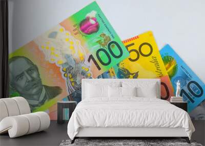 Australian currency AUD dollars various denominations is polymer banknotes cash bills issued by Nacional bank Australia Wall mural