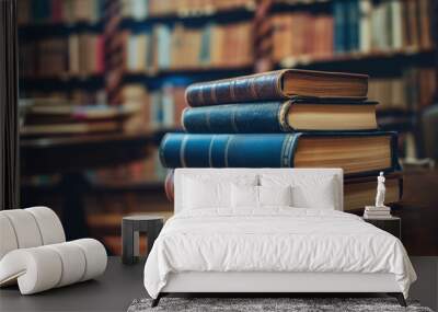 Cozy home library is stacked with vintage books in variety of colors AI Generation Wall mural