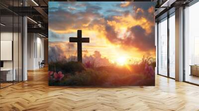 Easter cross at dawn symbolizes Crucifixion of Jesus Christ AI Generative Wall mural