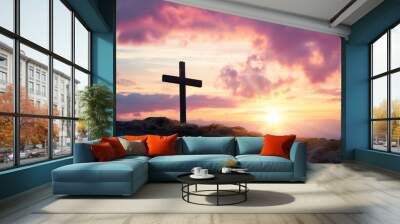 Easter cross on dawn as symbol of a Christianity AI Generative Wall mural