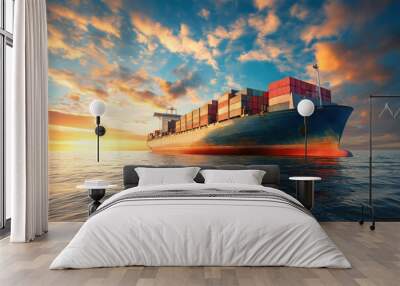 Floating in ocean are colorful cargo containers loaded into an industrial cargo container ship AI Generation Wall mural