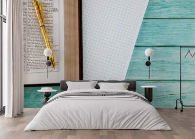 Morning Study with Holy Bible on notepad on wooden background Wall mural