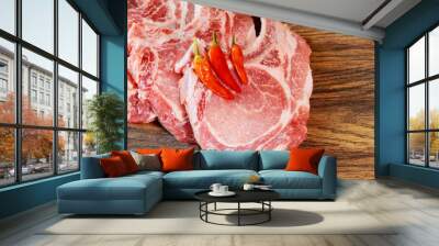 Raw meat, steak pork on a cutting board in spices marinade, background with of marinating meat Wall mural