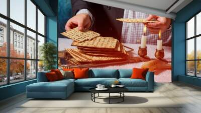 sabbath kiddush ceremony composition with two candles and traditional passover matzah fresh bread Wall mural