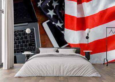 Tablet pc computer on american flag, technology, patriotism, anniversary, national holidays and independence day Wall mural