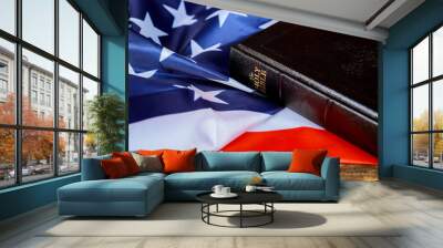 United States Flag and Bible on Distressed Wood Background Wall mural