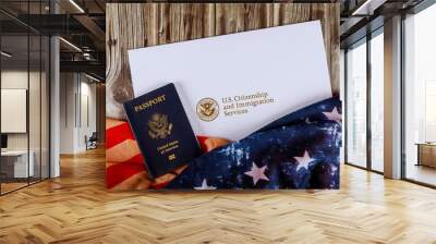 USA passport and naturalization certificate of citizenship US flag over wooden background Wall mural