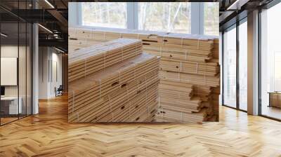 Wood floor installation of parquet floors. Wall mural