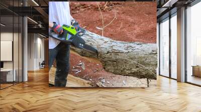 Woodcutter in forest clearing using chainsaw sawing in motion, sawdust fly to sides Wall mural