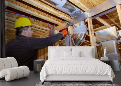 Workers making final air duct conditioning HVAC system stands for heating Wall mural