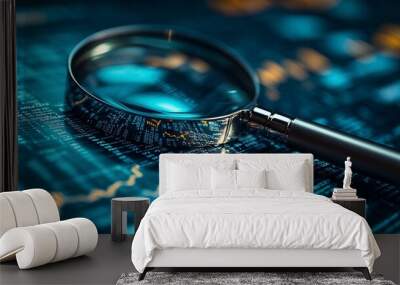 A detailed IT Security Risk Assessment concept depicted with a magnifying glass focused on a document within an abstract technological atmosphere, symbolizing scrutiny and protection. Wall mural