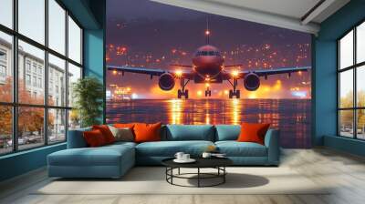 Airplane departure from the ground, flying up in the air on an airport during the evening or night Wall mural