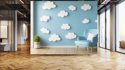 blue graphic cartoo Room animation night colourful toy design Clouds game wooden retro floor star Wall mural