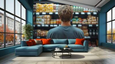 Close up rearview photography of a man in a supermarket or grocery store looking at the shelf full of products Wall mural