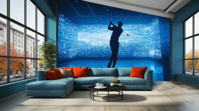 Closeup of a professional male golfer playing golf indoors in a golf simulator with a training field screen
 Wall mural