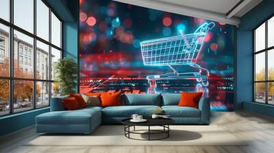 e-commerce blue to transactional silver background with pixelated motifs of shopping carts .
 Wall mural