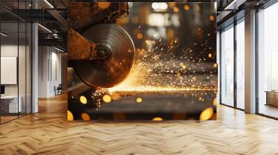 electric wheel grinder in action on a steel structure, showcasing the manufacturing process and skilled craftsmanship in a factory setting
 Wall mural