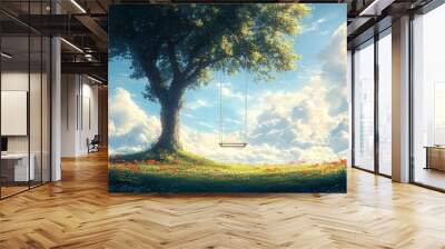 Swing in forest, anime wallpaper, nature
 Wall mural