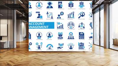 Account management icon collection set. Containing client engagement, retention, sales support, verified, business presentation, contract negotiation, upselling icon. Simple flat vector illustration. Wall mural