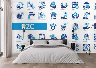 B2C icon collection set. Containing business model, customer, service, selling, product, direct selling, retailer icon. Simple flat vector Wall mural