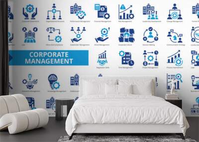 Corporate management icon collection set. Containing business, financial, process, team building, project, innovation, brand icon. Simple flat vector illustration. Wall mural