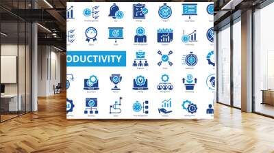 Productivity icon collection set. Containing organize, launch, growth, time management, bell, strategy, target icon. Simple flat vector. Wall mural