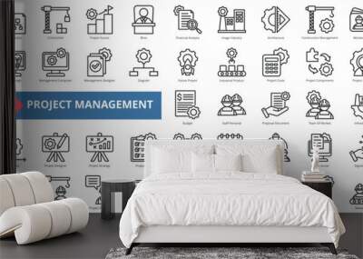 Project construction management icon collection set. Containing subcontractor, design, success, boss, financial analysis, image industry, architecture icon. Simple line vector. Wall mural