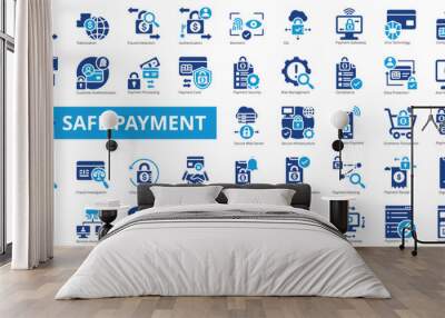 Safe payment icon collection set. Containing encryption, tokenization, fraud detection, authentication, biometric, ssl, payment gateway icon. Simple flat vector illustration. Wall mural