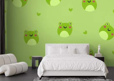 Seamless pattern of cute smiling frogs for kids fabric print, textile, gift wrapping paper, wallpaper, etc. Flat style cartoon vector illustration on green background Wall mural