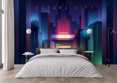 Wide view of the night neon futuristic city. Highway with traffic car lights. Ciberpunk style illustration Wall mural