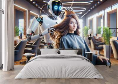 AI robot hairdresser with maniacal expression is styling woman's hair in modern salon, futuristic beauty and technology concept. Wall mural