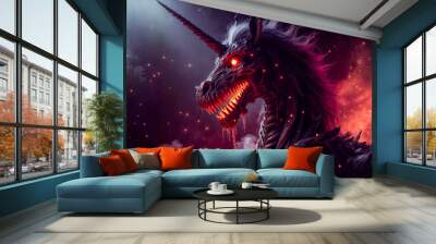 Demonic unicorn with glowing eyes and fiery maw. Fantasy creature in dark, horror setting. Skeletal body, flowing mane. Halloween scene with mythical beast and atmospheric lighting. Wall mural