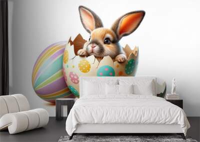 Easter holidays surprise. Cute bunny peeking out / hatching of brightly colored, cracked Easter egg adorned with flowers and dots isolated on white background. Ideal for Easter and spring themes.
 Wall mural