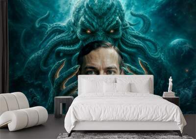 Man embodying H.P. Lovecraft with Cthulhu looming behind, featuring detailed tentacles and a cosmic background. A surreal depiction of horror and fantasy with an eerie, mysterious vibe. Wall mural