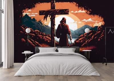 Background of Jesus Christ and his cross. Generative AI. Wall mural