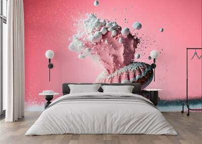 Icing sugar explosion in delicious candy of bakery with pink background.  Generative AI.
 Wall mural