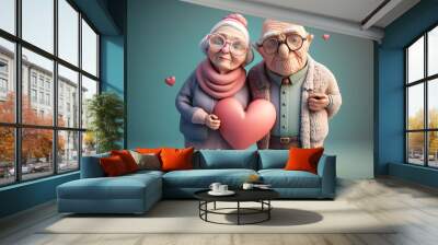 Illustration of a cute couple of old people in love, valentines day concept. Generative AI. Wall mural