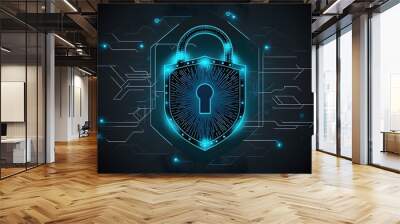 Wallpaper Illustration and background of cyber security data protection shield, with key lock security system, technology digital. Front view. Concept of database security software. Generative AI Wall mural