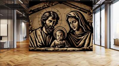 Wallpaper Illustration and background of Jesus, Mary and Joseph, holy family. Front view. Concept of religion, belief and faith . Generative AI. Wall mural