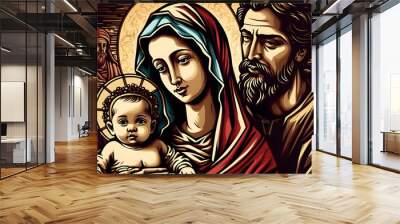 Wallpaper Illustration and background of Jesus, Mary and Joseph, holy family. Front view. Concept of religion, belief and faith . Generative AI. Wall mural