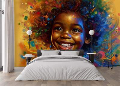 Child kid girl black skin tone happy smiling within an abstract colorful background, wonder and joy motif, wallpaper illustration background Wall mural