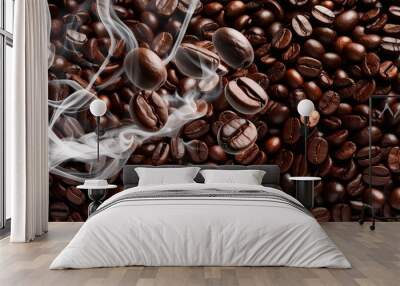 Coffee beans scattered around, coffee brown beans gushing, caffeine rush and smoke of hot coffee, wallpaper background illustration Wall mural