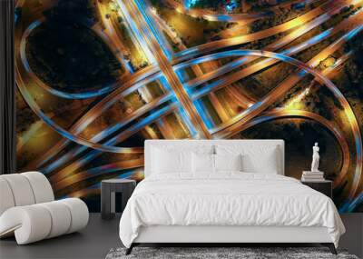 Aerial view of Smart transportation with Expressway, Road and Roundabout, busy highway traffic night time. Important infrastructure. Wall mural