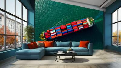 Business International trade and Cargo containers ship transport  to the open sea. Aerial view of sea freight transportation business. Wall mural