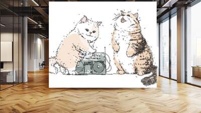 Two fluffy kittens at a party or karaoke. The cat sings a song and listens to music. Cute pets and tape recorder. Sketch hobby friends. Hand drawn vector illustration Wall mural