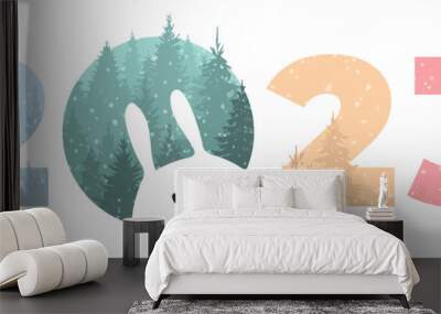 Vector multicolor calendar date 2023, hare among the trees and snowfall. Rabbit peeking out of number 0 isolated on white background. Happy new year 2023 with a bunny in the forest Wall mural