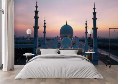 Abu Dhabi, UAE, Sheikh Zayed Grand Mosque in the Abu Dhabi, United Arab Emirates on a sunset view background. Generative AI Wall mural