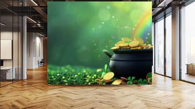 Black pot full of gold coins and shamrock leaves for st. patrick's day. Generative AI Wall mural