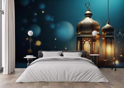 blue and gold Realistic ramadan background with mosque moon stars lantern and bokeh. Generative AI Wall mural