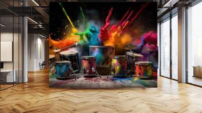 drums with rainbow paint energetic explosion. Generative AI Wall mural